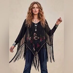 Elias & Grace Vintage Black Sheer Embroidered Fringe Poncho Boho Festival O/S